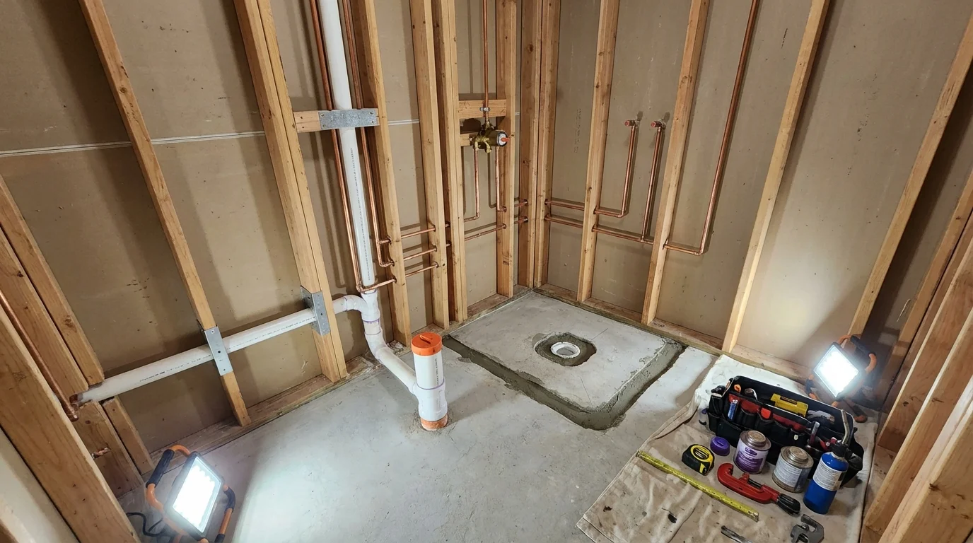 Bathroom rough-in plumbing during remodel by Johns Plumbing LLC in Mansura