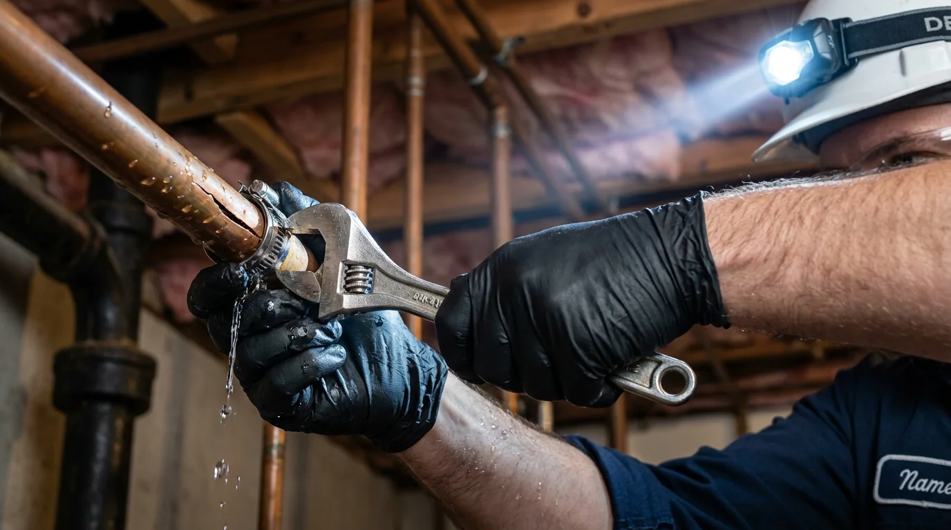 Emergency pipe clamp repair being performed by a Johns Plumbing LLC plumber in Mansura