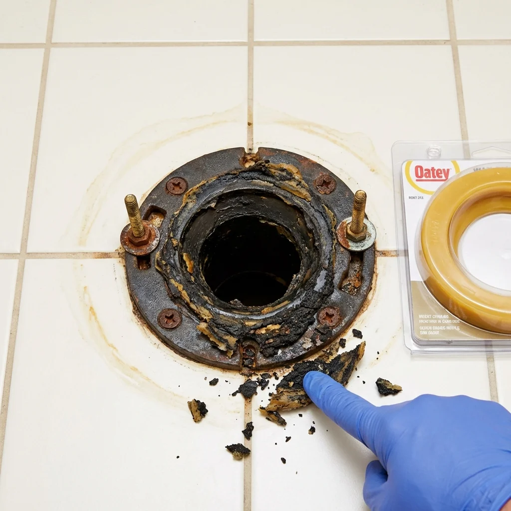 Failed wax ring showing water seepage at the base of a toilet in a Mansura, LA home