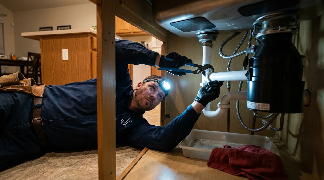 P-trap and supply line connections under a kitchen sink showing a common leak point in Mansura, LA